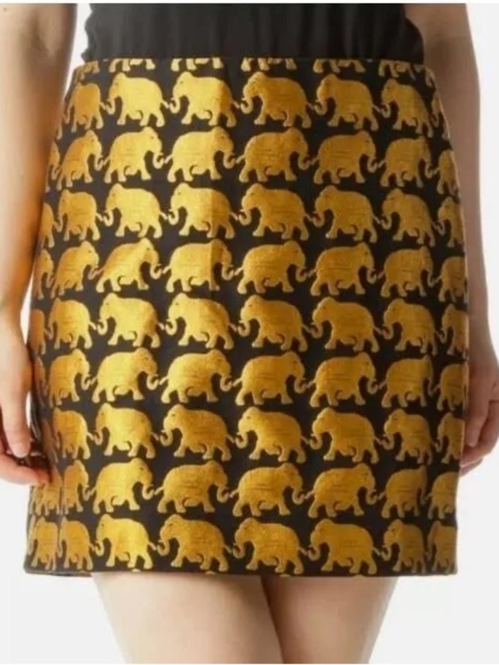 J. Crew Gold Jacquard Wrap Elephant Print front lined Black Mini Skirt